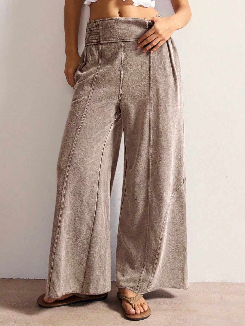 Rust Brown Casual Women's Knit Loose Wide-Leg Washed Pants - Picture 6 of 7